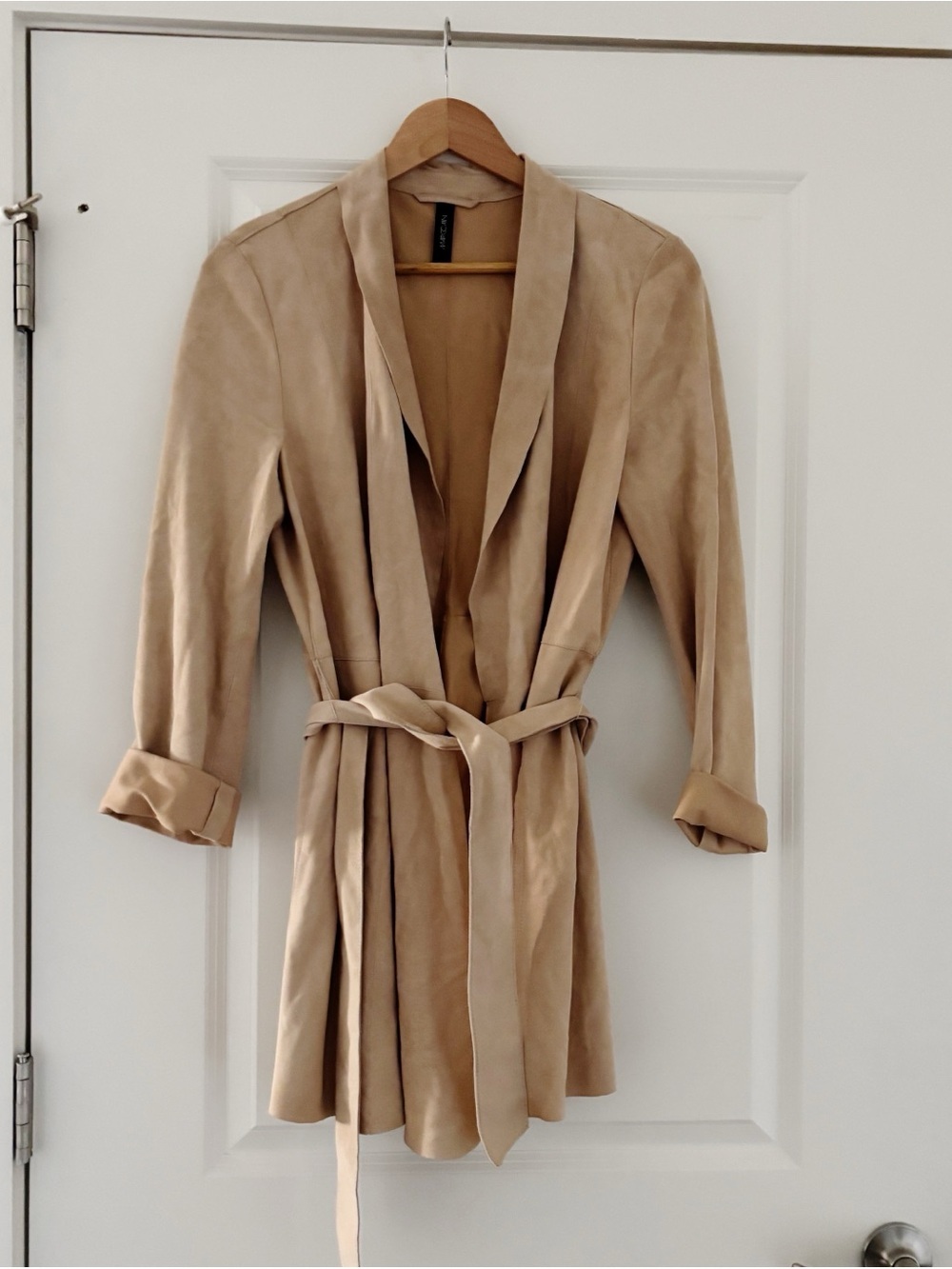 Marc Cain Open Front Belted Draped Leather Suede Jacket Neutral Minimalist